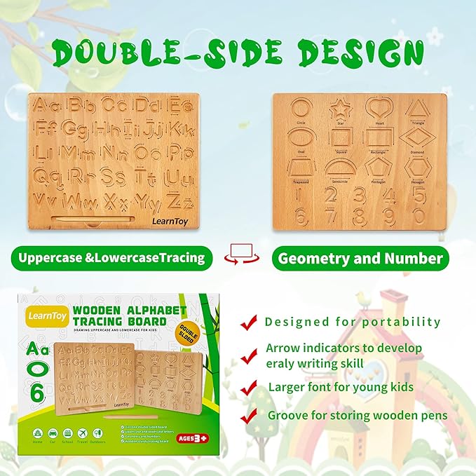 Montessori Wooden Alphabet Tracing Board - Educational Toy for Kids - Fine Motor Skills Development - Double-Sided Writing Practice - Ideal Gift for Preschool 3-5 Years Old.