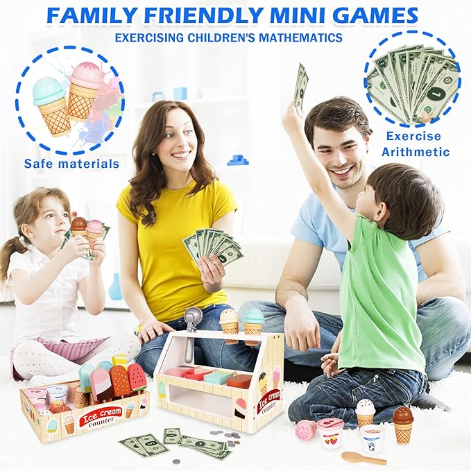 Ice Cream Counter Playset for Kids, Montessori Pretend Play Food Toys Kitchen Accessories Wooden Popsicle Set with Scoop & Fake Cash,Ice Cream Shop Toys Toddler Learning Toy for Kids
