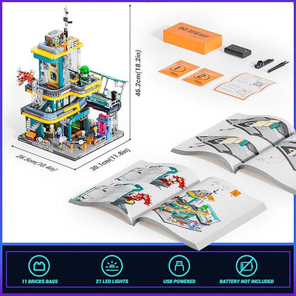 FUNWHOLE Cyberpunk Mansion Lighting Building-Bricks Set - 2524 Pcs Future City Modular Buildings Set Display Idea for Adults and Sci-fi Lovers