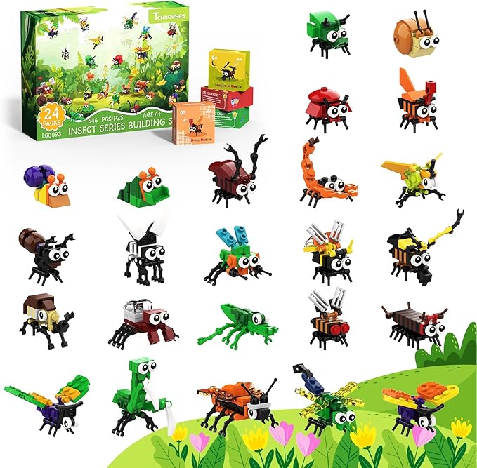 Party Favors for Kids 24 Pack Insect Building Sets, Bulk Educational Bug Blocks Toy for Valentines Day Classroom Prizes, Goodie Bags, Easter,Christmas, Birthday Party Gifts for Boys and Girls