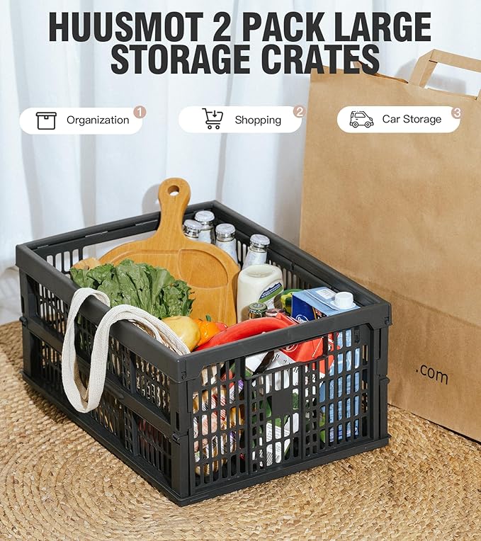 HUUSMOT 2-Pack Pastel Plastic Storage Baskets, Collapsible Crates for Organizing, Space-Saving Bins for Classroom, Kitchen, Office, Bedroom (Dark Grey, 19" x 13" x 9")