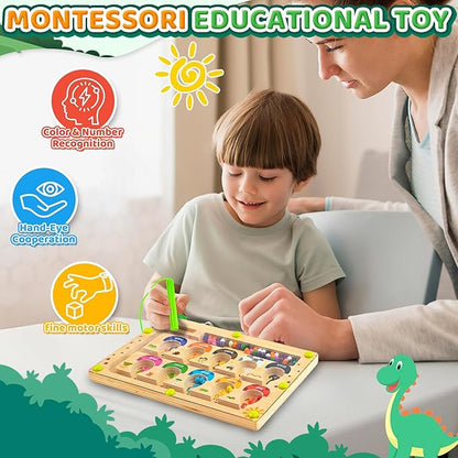 Montessori Toys Busy Board Travel Toys for Toddlers Kids Wooden Magnetic Color and Number Maze Puzzle, Dinosaur Learning Education Toys for Fine Motor Skills, Easter Basket Stuffers (Small)
