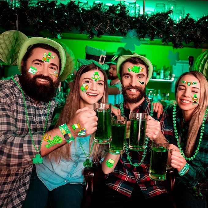 St. Patrick's Day Party Accessories Favor Set Including Luminous Tattoo Stickers, Necklaces, Slap Bracelets, Shamrock Coins, Keychains, Gift Bags for St. Patrick Irish Party Supplies Favors Decor
