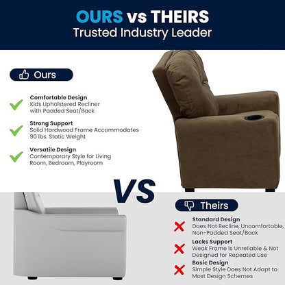 Flash Furniture Chandler Microfiber Kids Recliner with Cup Holder and Safety Recline, Contemporary Reclining Chair for Kids, Supports up to 90 lbs., Brown