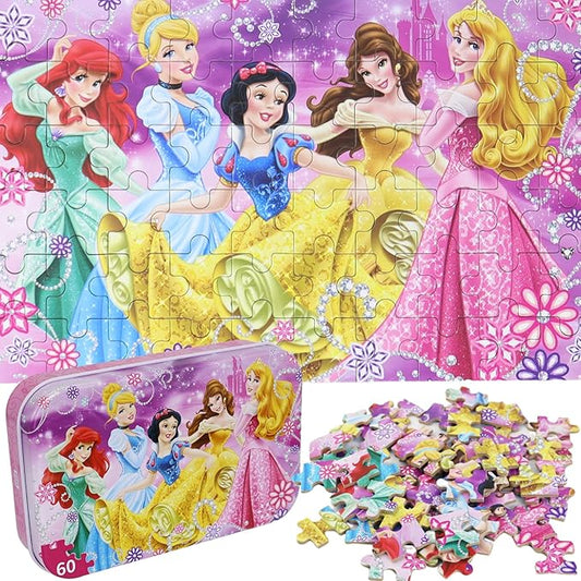 Princess Puzzles for Kids Ages 4-8 60 Pieces Puzzles for Kids Ages 3-5 Princess Puzzle for Girls and Boys Toys Jigsaw Puzzles in a Metal Box Educational Puzzles (Princess 0685)