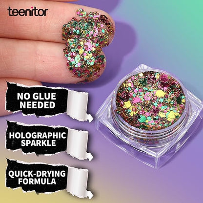Teenitor Body Glitter Face Glitter, Gold Purple Green Mixed Festival Glitter, Hair Glitter Gel for Festival Rave