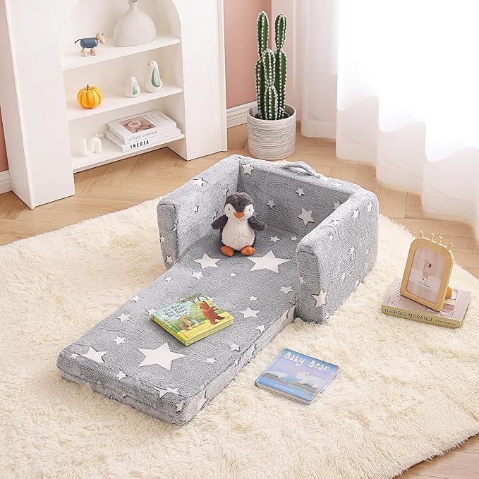 Tiita Kids Chair Couch, Folding Toddler Comfy Sofa Chairs, 2-in-1 Kids Plush Sofa Fold Out, Baby Armrest Chair Sofa to Lounger, Convertible Play Sofas to Bed for Girl or Boy, Grey Star