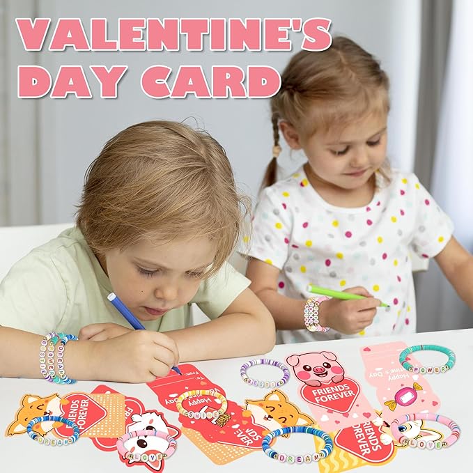 Valentine's Day card 24 packs with bracelets for kids' schools, and Valentine's Day exchange gifts with friendship beads for kids' classrooms