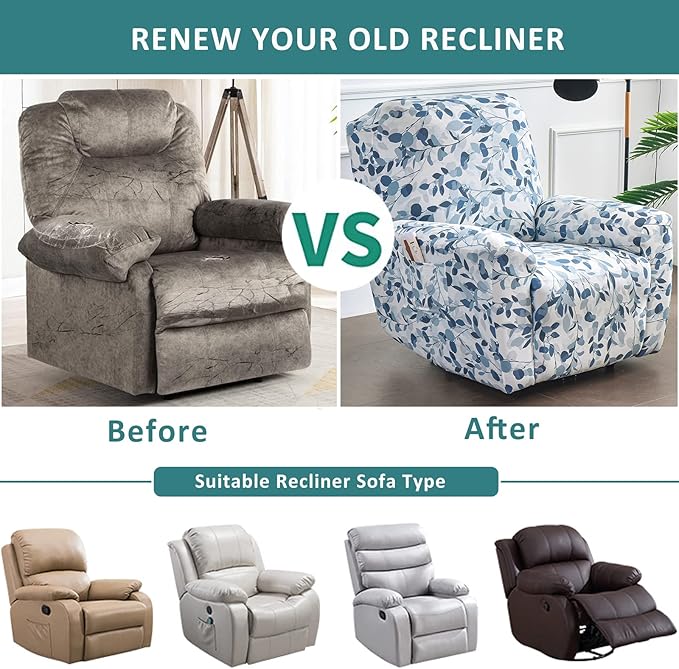 NILUOH Stretch Recliner Cover 4 Pieces Printed Lazy Boy Chair Covers Recliner Sofa Slipcover Anti-Slip Fitted Furniture Protector with Elastic Bottom, N1