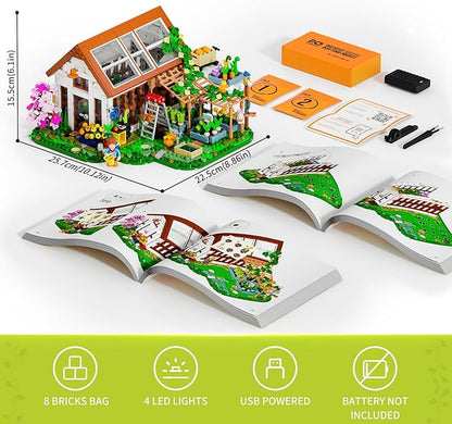 FUNWHOLE Botanical-Garden Greenhouse Lighting Building-Bricks Set - Farm Flower House Collection LED Light Model Display Set 1428 Pcs for Adults and Teens