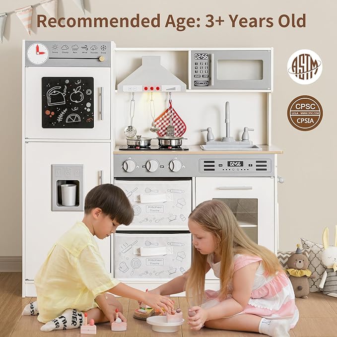 Play Kitchen Pretend Wooden Kids Kitchen Playset Toy Kitchen with Real Sound & Light and Toy Storage System and 12 Pcs Toddler Kitchen Accessories, for Boys and Girls Ages 3+,White Grey