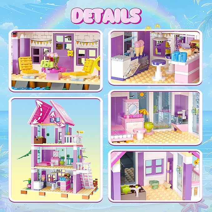 Beach House Building Sets, Seaside Villa House Building Toys Compatible with Lego Friends Sets for Girls Age 8-12, Creative Holiday Cottage Building Kit, Gift for Christmas, Valentine's Day, Party