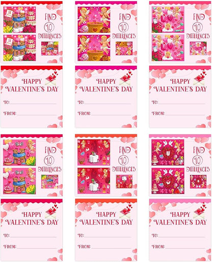 FaCraft Valentines Day Cards for Kids Classroom School,30PCS Find 10 Difference Valentines Day Gifts Cards with Envelopes Valentines Exchange Cards Valentine Party Favor Gifts for Kids Boys Girls