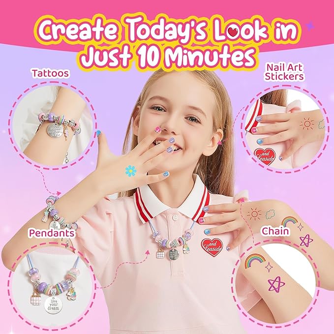 Kids Makeup & Jewelry Kit for Girls - Washable Real Cosmetics Set with Bracelet-Making for Children Toddler, Princess Dress-Up Toy, Ideal Winter Birthday Gift for 4-12 Year Olds (Pink)