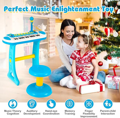 Costzon 31-Key Kids Piano Keyboard Toy, Toddler Electronic Musical Instrument Educational Toy w/Microphone, Multiple Sounds, Record Playback, Lights & Stool, Birthday Gift for Girls Boys Age 3+, Blue