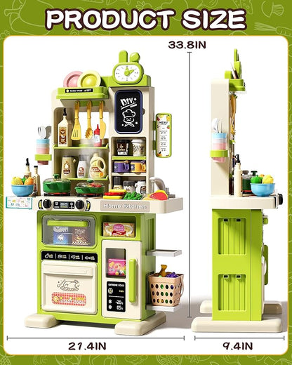 33.8IN - 70PCS Kids Kitchen Playset with Sound & Light - Cooking Stove with Steam, Play Sink and Toy Kitchen Accessories - Pretend Kitchen Play Food Toys for Kids Boys Girls - Toddler Play Kitchen Set