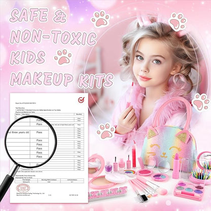 Kids Makeup Kit for Girl, Kids Washable Makeup Girls Toys, Girls Makeup Kit for Kids with Cute Cat Bag, Real Make up Set for Kid Little Girls Toddlers Princess Christmas Birthday Gifts Age 3-6-8-10-12