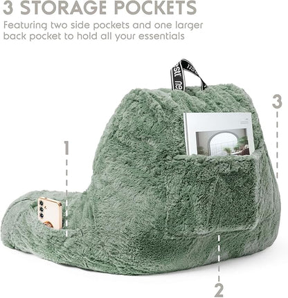 Nestl Fur Reading Pillow, Stylish Back Pillow for Bed Sitting Up, Faux Fur Bed Chair Pillow with Arms, Reading Pillows for Sitting in Bed Adult & Kids, Back Support Pillow for Bed Rest - Sage Green