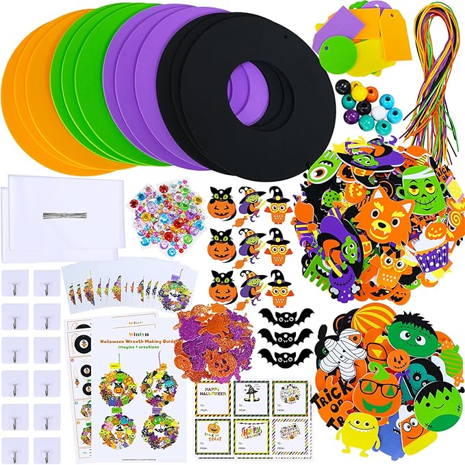 Winlyn 12-Pack Halloween Craft Kits Fall Crafts DIY Halloween Wreath Ornaments Decorations Art Sets Halloween Foam Stickers Arts and Crafts for Kids Classroom Party Activities Holiday Festive Projects