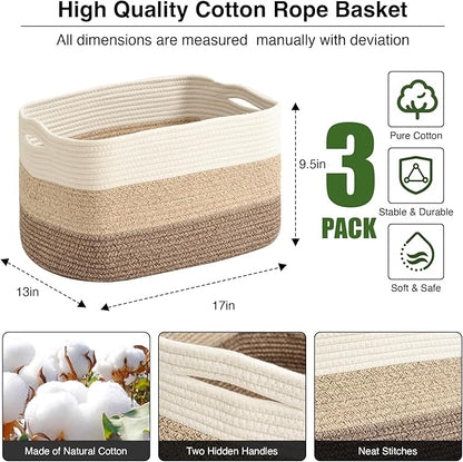 ICERZCZ Large Storage Baskets for Organizing Shelves, Woven Cotton Rope Bins for Baby Nursery Organization, Book Toy Towel Organizer, 17"x13"x9.5", 3 Packs, Gradient Brown