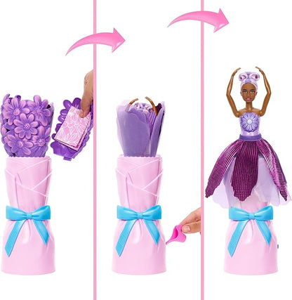 Barbie Petal Pop Scented Doll with Purple Floral Dress & Accessories, Bouquet Reveal with Pet Bunny & Surprises Like Watering Can, Necklace & Earrings