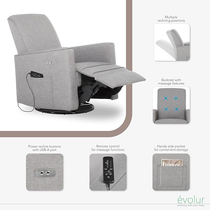 Evolur Harlow Deluxe Upholstered Plush Seating Glide Rocker, Swivel, Power Recliner USB Port with in-Built Massager, Greenguard Gold Certified, Glider Chair for Nursery in Light Grey
