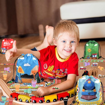 98 Pcs Train Party Favors,Train Print Party Supplies Include Stickers Stamps Keychains Slap Bracelets and Drawstring Bags Party Decorations for Kids TrainTheme Birthday supplies (A-Train)