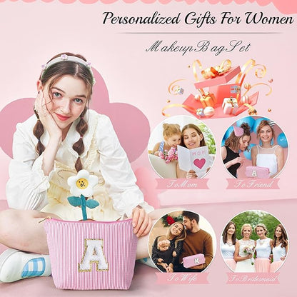 YOOLIFE Birthday Gifts for Kids Teen Girls Women | Initial Makeup Bag | Cosmetic Bag Travel Bags | 11 12 13 14 15 16 Years Old Girl Gift Teacher Graduation Gift Teen Girl Gifts Trendy Stuff Pink A