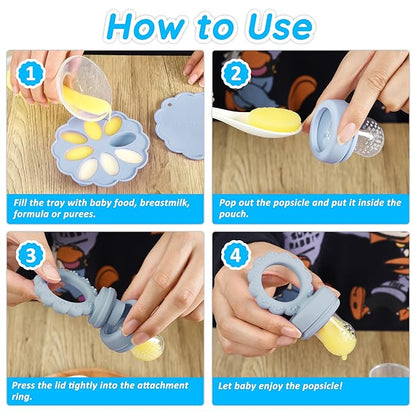 Baby Fruit Food Feeder & Mini Popsicle Ice Tray Set, BPA Free Silicone Baby Feeder for Safe Solid Food Feeding, Breastmilk Popsicle Molds for Cooling Relief, 4 Month+ (Spring)