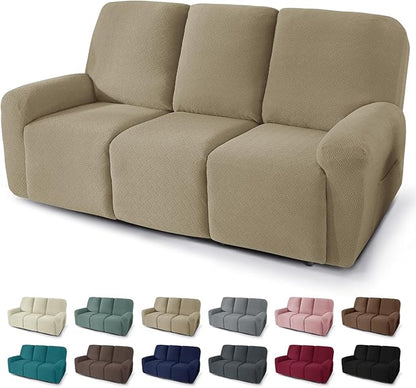 JIVINER 5 Pieces Recliner Sofa Covers Stretch Recliner Sofa Slipcover with Elastic Bottom Jacquard Fitted Reclining 3 Cushion Couch Cover Furniture Protector with Pockets (3 Seater, Khaki)