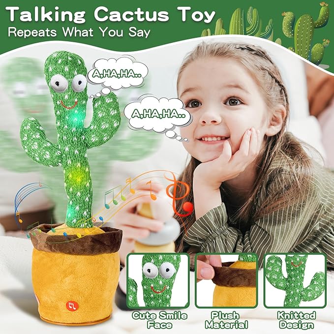 Dancing Talking Cactus Baby Toys, Easter Gifts/Easter Basket Stuffers for Kids, Singing Mimicking Recording Toys Repeats What You Say, Comes with English Songs Talking Musical Toy (Non-Rechargeable)
