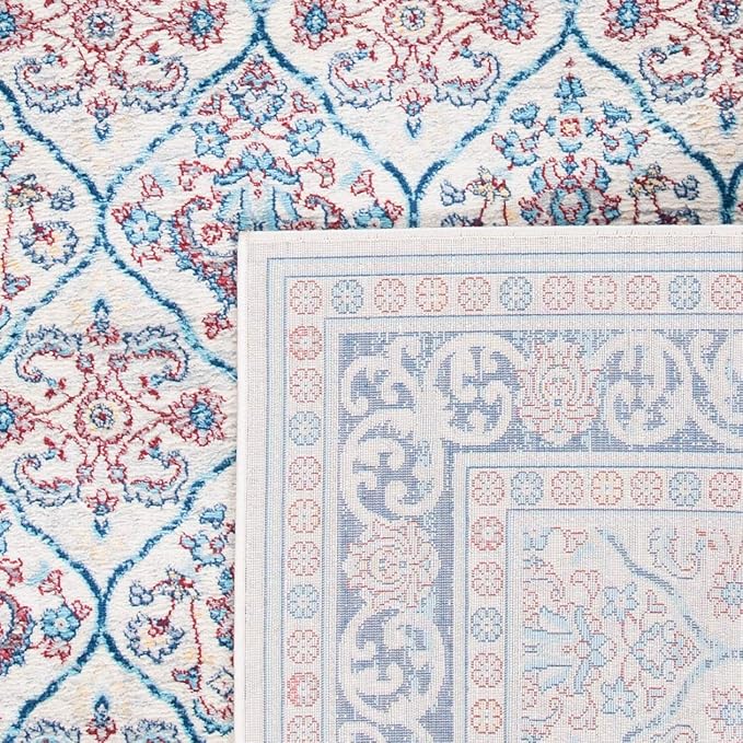 SAFAVIEH Brentwood Collection 5'3" x 7'6" Beige / Navy BNT870B Oriental Damask Trellis Non-Shedding Living Room Bedroom Dining Home Office Area Rug