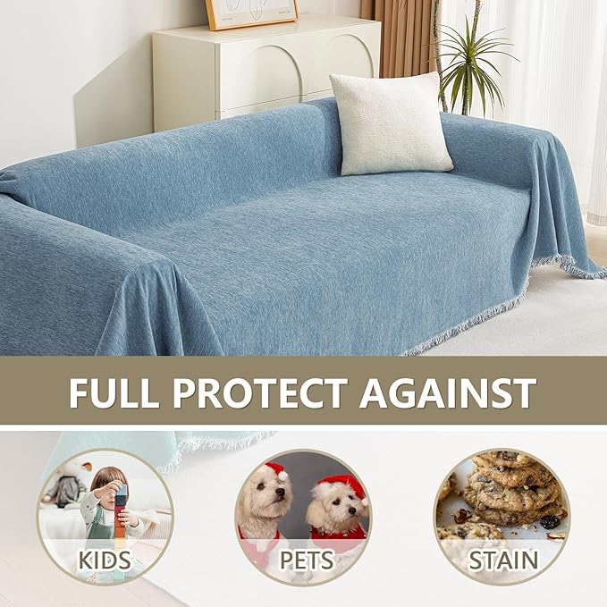 MYSKY HOME Sectional Sofa Covers Blue Couch Covers for 3 Cushion Couch Sofa Chenille Couch Cover Living Room Multi-Use L Shaped Sofa Slipcovers for Dogs Cats Kids Tassel Edge 91" x 134"