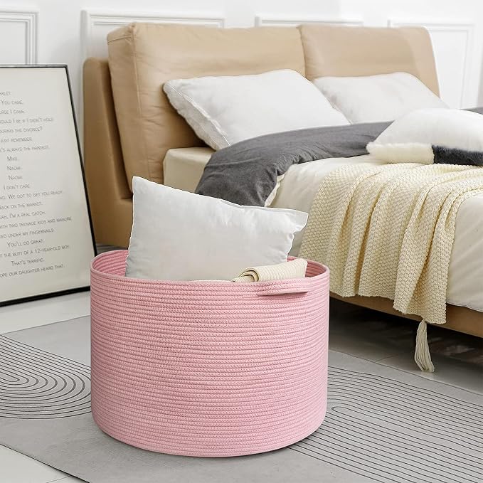MEGASKET Extra Large Pink Basket, 22"x22"x14" Woven Cotton Rope Bin with Handles, Blanket Storage for Living Room, Baby Kids Toy Storage Bin Box, Wicker Laundry Basket, Pink Room Decor Organizing