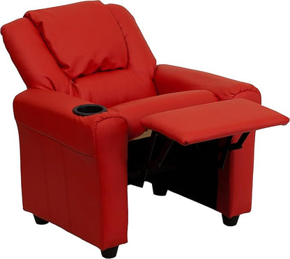 Flash Furniture Vana Vinyl Kids Recliner with Cup Holder, Headrest, and Safety Recline, Contemporary Reclining Chair for Kids, Supports up to 90 lbs., Red