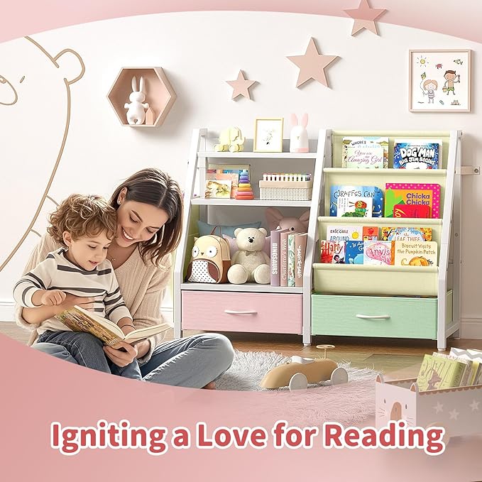Twinkoo Kids Bookshelf and Toy Storage, Sturdy 3 Tier Kids Bookcase, Sling Bookshelf and 2 Toy Boxes, Toddler Montessori Bookshelf with Toy Organizer, for Kids Room, Game Room, Nursery