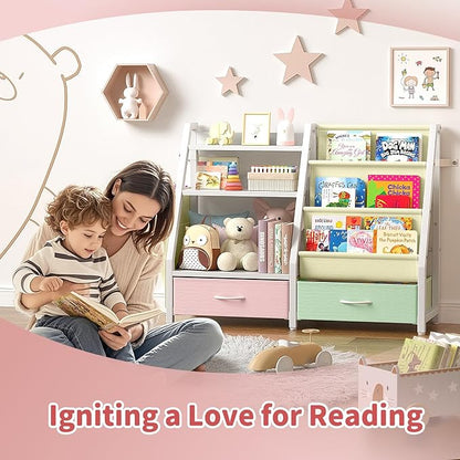 Twinkoo Kids Bookshelf and Toy Storage, Sturdy 3 Tier Kids Bookcase, Sling Bookshelf and 2 Toy Boxes, Toddler Montessori Bookshelf with Toy Organizer, for Kids Room, Game Room, Nursery