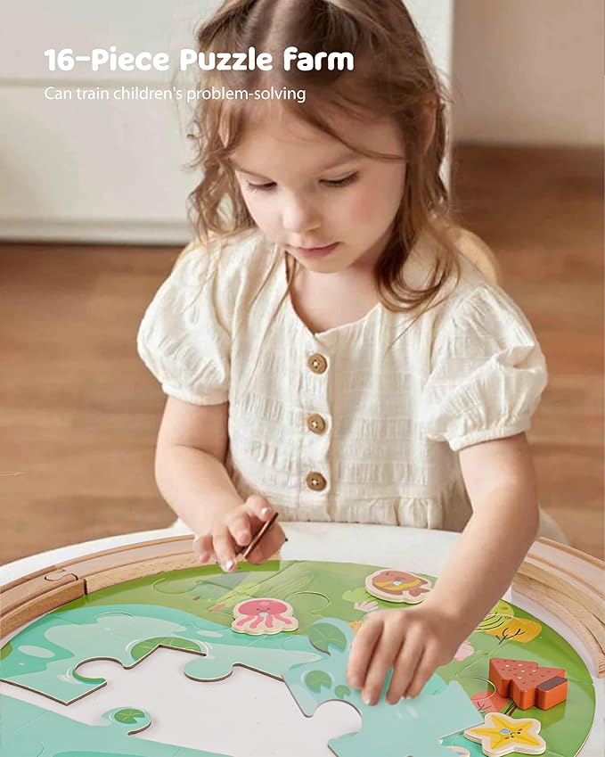 Wooden Train Track Set - 48-Piece Toy Train Tracks Compatible with Thomas, Brio, Melissa & Doug - Includes Fishing and Puzzles for Toddlers 3-8 - Educational for Fun Playtime