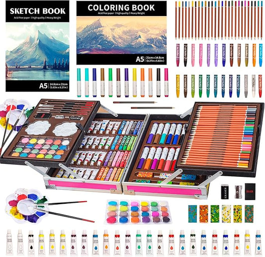 KINSPORY Art Supplies, 139 Pack Painting Drawing Art Kit with 2 Sketch Pads, Double Layers Art Set Crafts, Colored Pencils, Oil Pastels, Watercolor Paints, Aluminum Gift Case for Artists Kids (Pink)