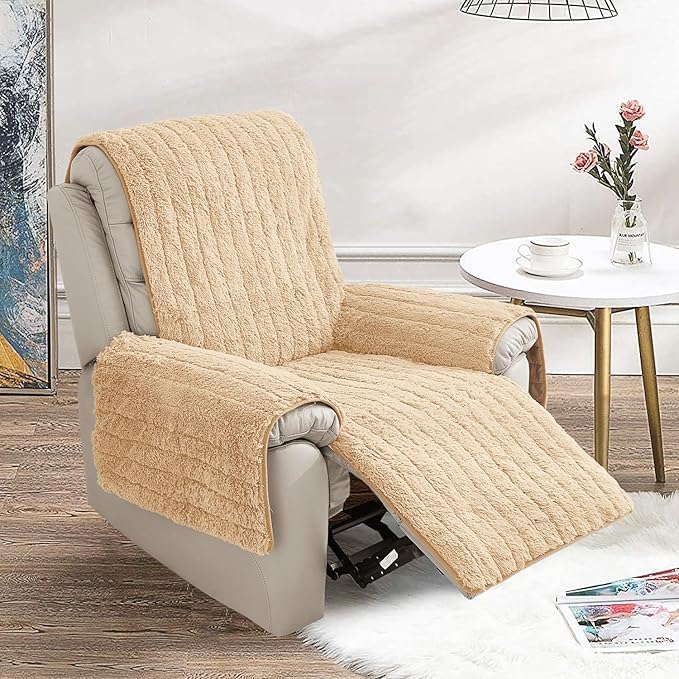 RBSC Home Plush Recliner Slipcover 23 Inches Beige Chair Covers Artificial Wool Lazy Boy Cover Quilted Cover for Recliner Chairs and Furniture Soft Warm