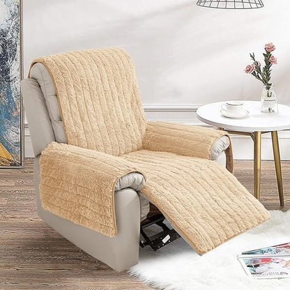 RBSC Home Plush Recliner Slipcover 30 Inches Beige Chair Covers Artificial Wool Lazy Boy Cover Quilted Cover for Recliner Chairs and Furniture Soft Warm