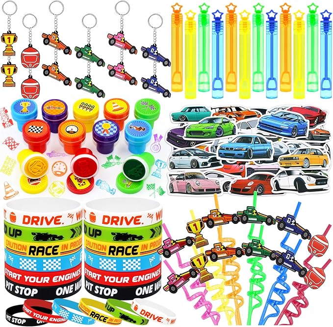 110 PCS Race Car Party Favors Birthday Supplies with Drinking Straws, Silicone Bracelets, Bubble Wands, Keychains, and Racing Car Pinata for Boys Goodie Bag Stuffers