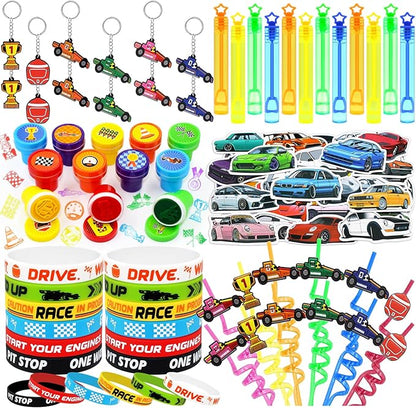 110 PCS Race Car Party Favors Birthday Supplies with Drinking Straws, Silicone Bracelets, Bubble Wands, Keychains, and Racing Car Pinata for Boys Goodie Bag Stuffers