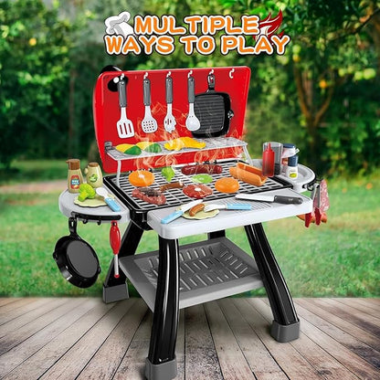 Kids Play Kitchen Toys, Kids BBQ Grill Kitchen Playset with Smoke, Sound & Light, Play Food Toys Cooking Set, 2-Layer Barbecue Outdoor Play Grill Toy Gift for Toddler Boys Girls 3-5