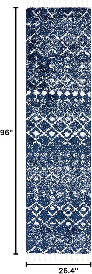 SAFAVIEH Berber Fringe Shag Collection Runner Rug - 2'2" x 8', Navy & Ivory, Moroccan Design, Non-Shedding & Easy Care, 1.2-inch Thick Ideal for High Traffic Areas in Living Room, Bedroom (BFG516N)