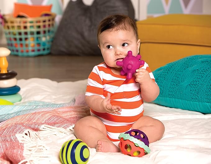 B. toys- B. baby- 4 Sensory Balls – Baby Toys – Developmental Play – Rubber Balls with Textures, Sounds, Lights – Ball-a-baloos- 6 Months +