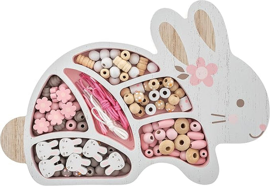 Stephen Joseph, Wooden Bead Kit for Kids, 125 Wooden Beads with 4 Necklace and 4 Bracelet Cords with Reusable Wooden Tray, Premium Wood Jewelry Making Kit for Kids, Bunny