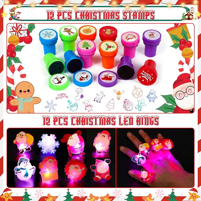 Christmas Party Favors 87 PCS Christmas Squishy Toys Slap Bracelets LED Rings Plastic Stamps Silicone Bracelets DIY Stickers Gift Bags for Kids Christmas Party Gift Exchange Goodie Bags Fillers