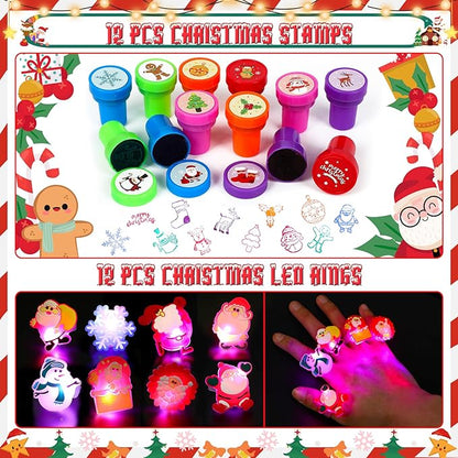 Christmas Party Favors 87 PCS Christmas Squishy Toys Slap Bracelets LED Rings Plastic Stamps Silicone Bracelets DIY Stickers Gift Bags for Kids Christmas Party Gift Exchange Goodie Bags Fillers