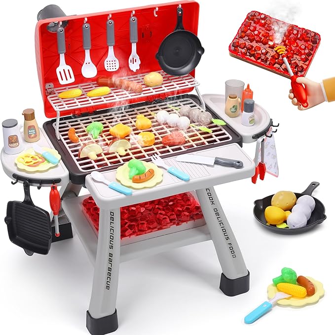 CUTE STONE Kids BBQ Grill Playset, Kitchen Toy Set, Realistic Smoke, Sound & Light,Kitchen Grill Playset,Toy Kitchen Accessories, Indoor Outdoor Interactive Pretend Play Toys for Boys Girls, 23.6" H